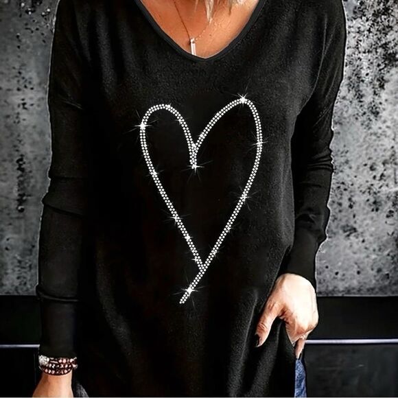 Black long sleeved lightweight top with pretty rhinestone heart shaped design! - Picture 1 of 7
